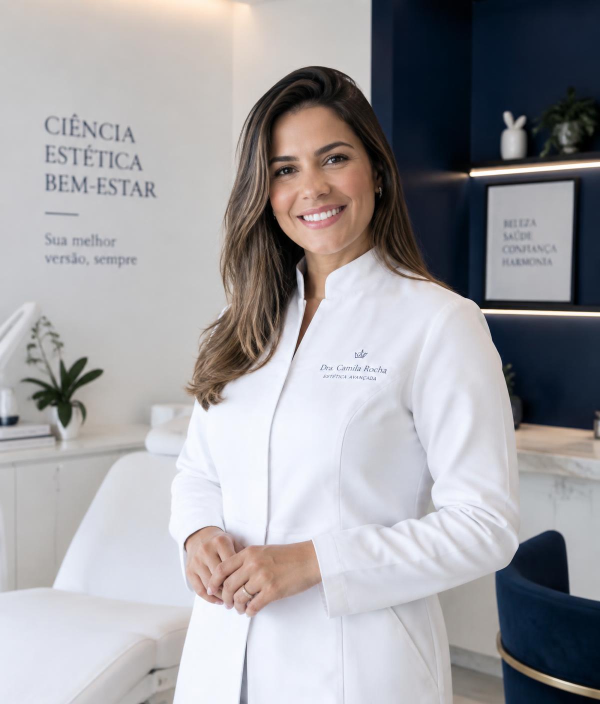 Profissional de estética sorrindo em uma clínica moderna