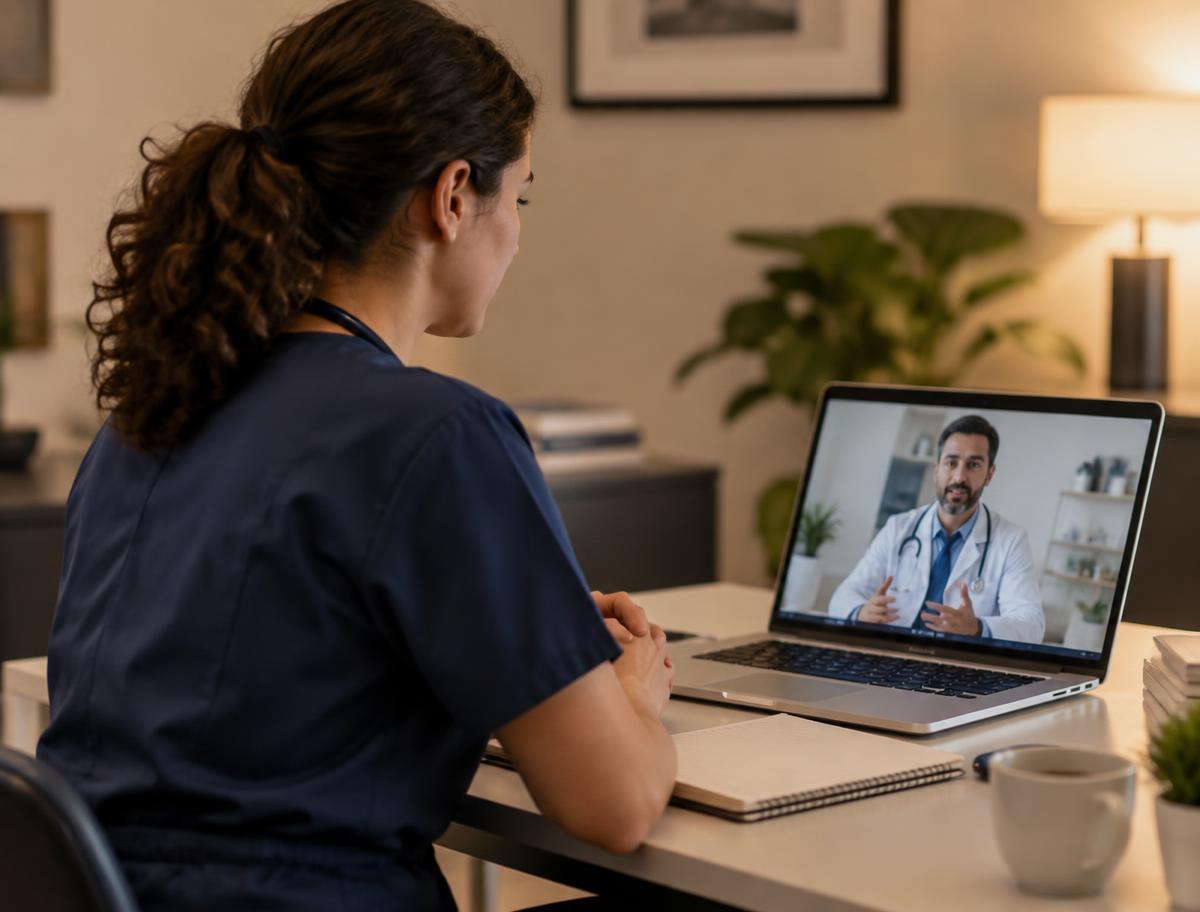 Profissional em consulta por vídeo com um médico